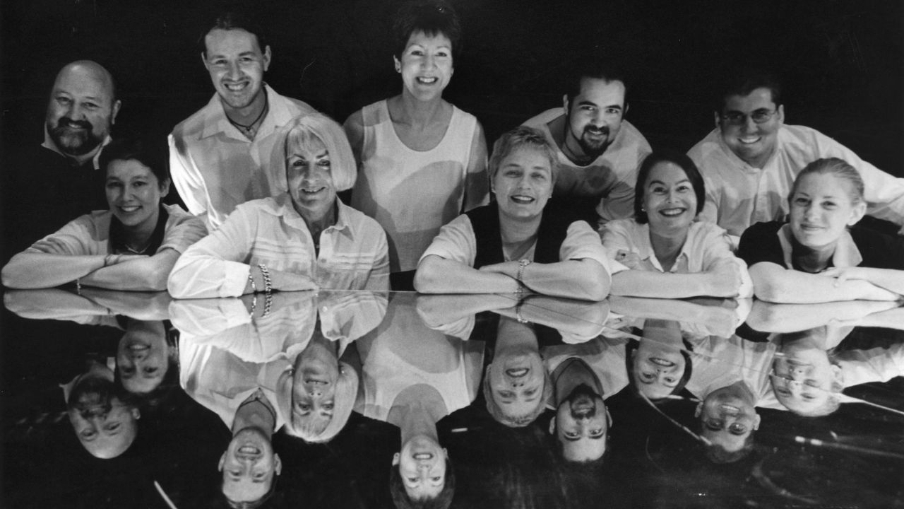 La Boite staff, 1999. L to R (back row) Mark Lloyd Hunt, Campbell Misfeld, Sue Rider, Fraser Corfield, Craig Whitehead (back row) Leila Maraun, Rosemary Walker, Nicole Lauder, Cheryl Freeman, Eleanor Howlett.