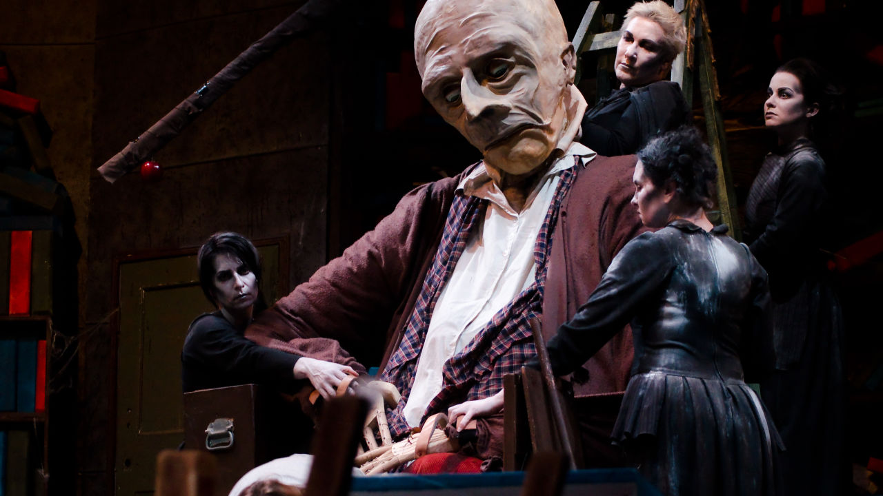 4 cast members onstage in the Harbinger by Dead Puppet Society in 2017