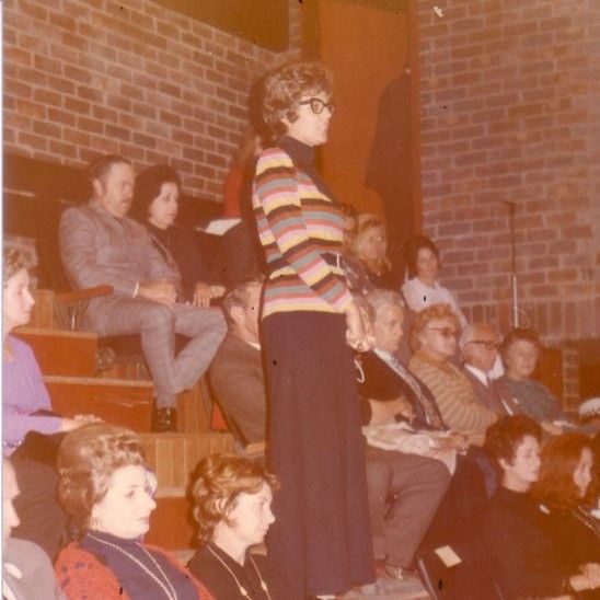 Jennifer Blocksidge in 1972, amongst the audience in La Boite's new theatre space at Hale Street. 