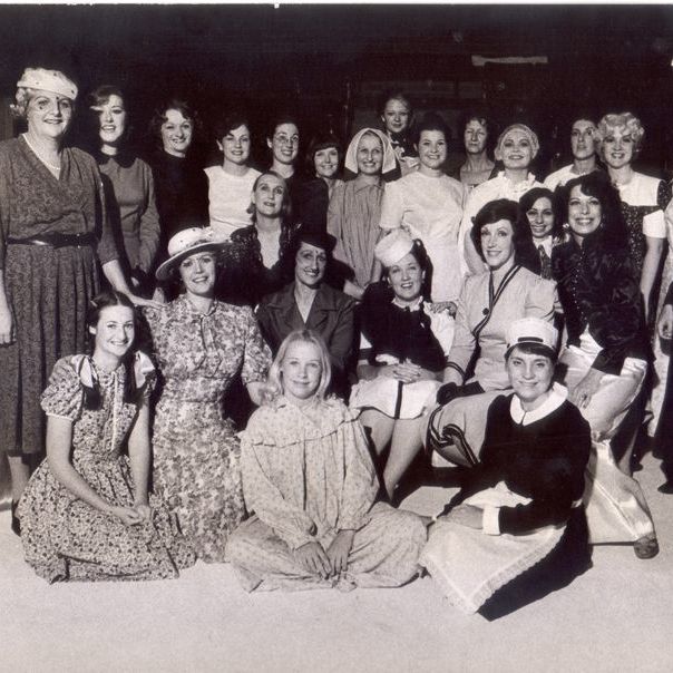 Jennifer Blocksidge, left in front row (second the from end), with broad-brimmed hat in The Women in 1975.