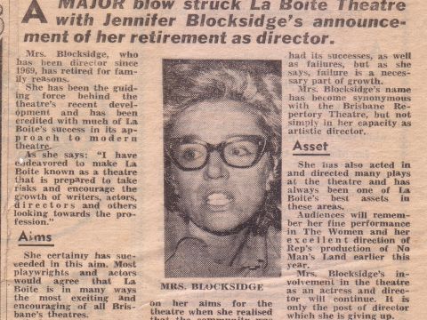 The announcement of Jennifer Blocksidge's retirement as Honorary Artistic Director, 1975