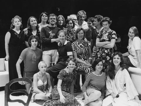 Jennifer Blocksidge (centre with glasses) with directors and actors in an early week season of one-act plays, 1975.