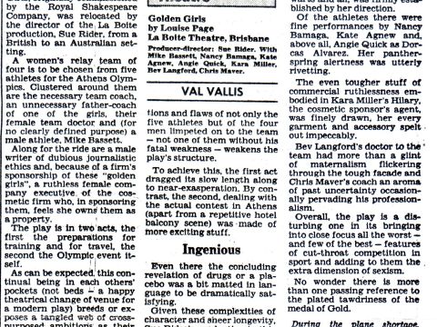 Review by Val Vallis in The Australian, September 1989.