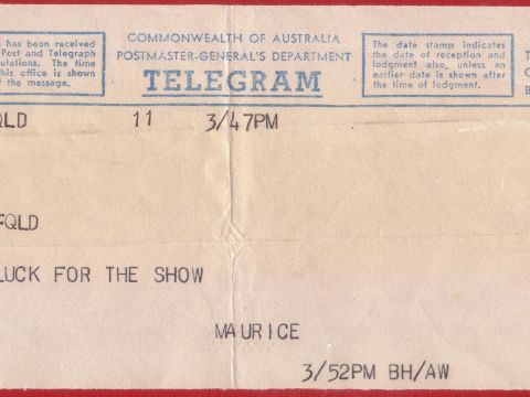 Telegram from Maurice Chevalier to Beverley Bayes, star of Gigi.
