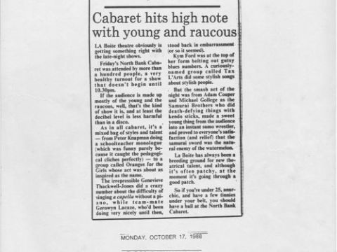 Review by Alison Cotes, The Courier Mail 17 October 1988