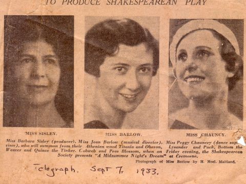 Publicity for Sisley's 1933 production of A Midsummer Night's Dream for the Shakespearean Society at the Cremorne.