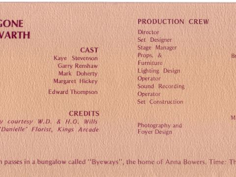 Three Months Gone program list of cast and crew, 1973.
